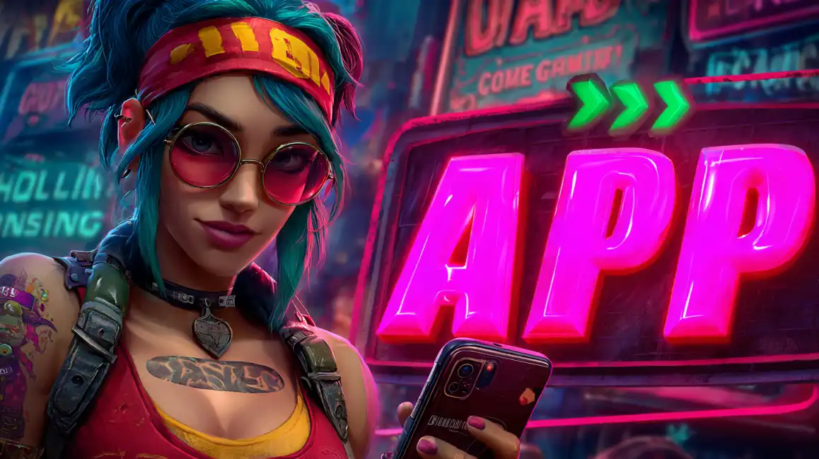 A stylish woman with blue hair and sunglasses holds a smartphone in front of a large, glowing pink 'APP' sign in a vibrant, neon-cyberpunk environment, advertising a mobile casino app.