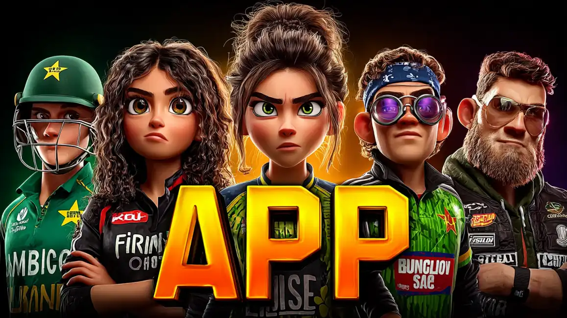 A group of diverse, animated characters for a sports betting team, with the word 'APP' in large golden letters in the foreground, promoting a mobile casino application.