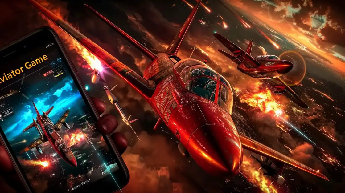 A thrilling promotional image for the Aviator game, showing it being played on a smartphone with dynamic red airplanes flying through a fiery, action-packed sky.