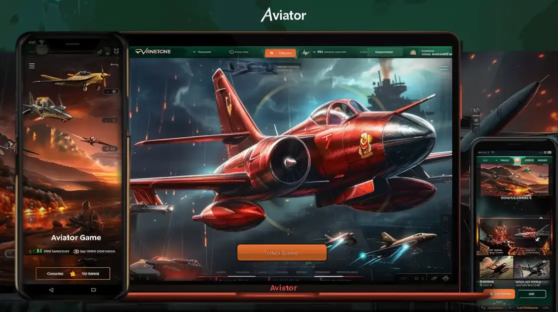 The Aviator casino game interface shown on both a desktop and mobile device, featuring a red airplane and demonstrating cross-platform play.