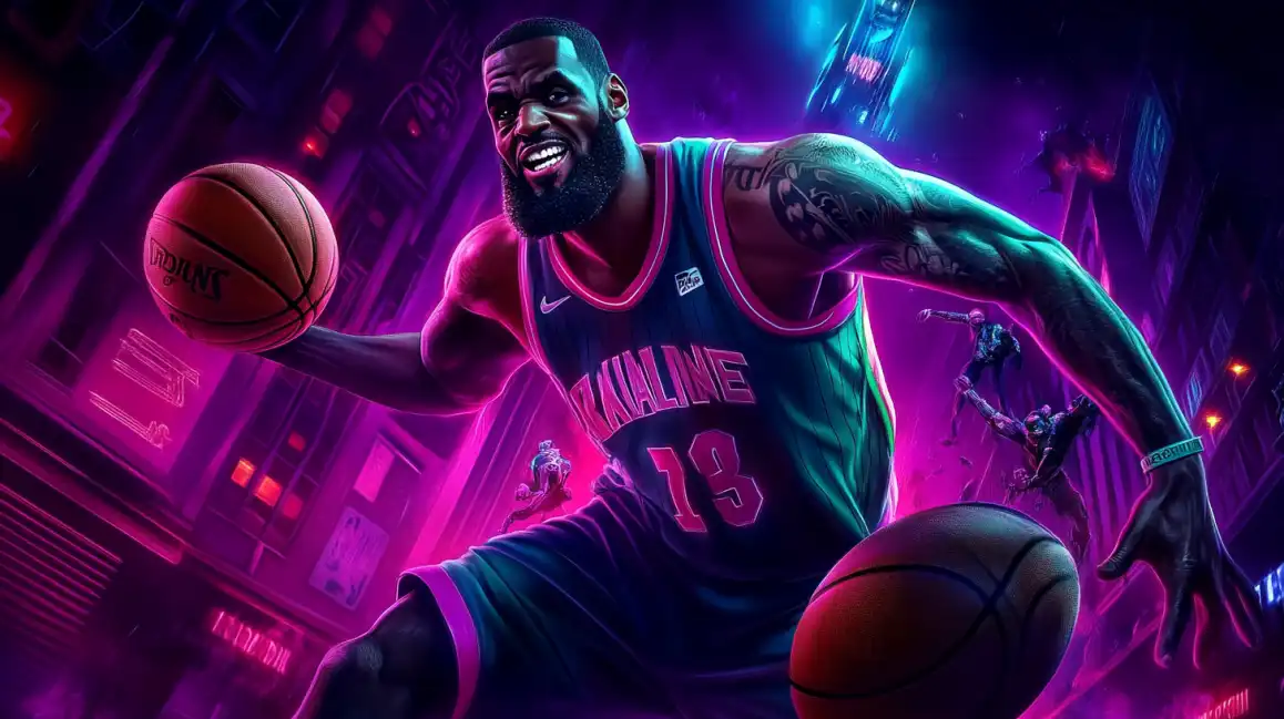 Dynamic artwork of a muscular basketball player dribbling in a futuristic city with vibrant purple and blue neon lights, illustrating the excitement of online sports betting.