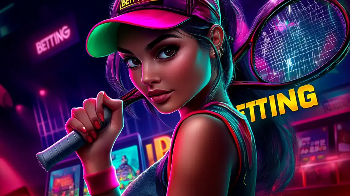 A stylized image of a confident female tennis player with a racket, set against a neon background with 'BETTING' signs, representing sports betting.