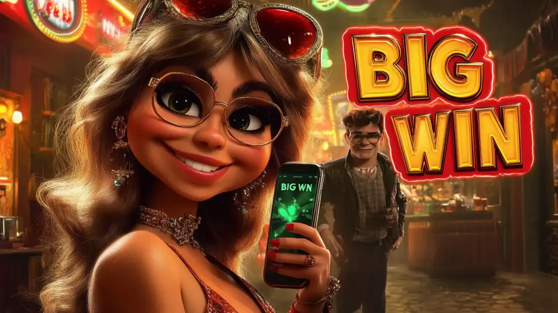 An animated character of a happy woman holding a smartphone that displays a 'BIG WIN' from an online casino game.