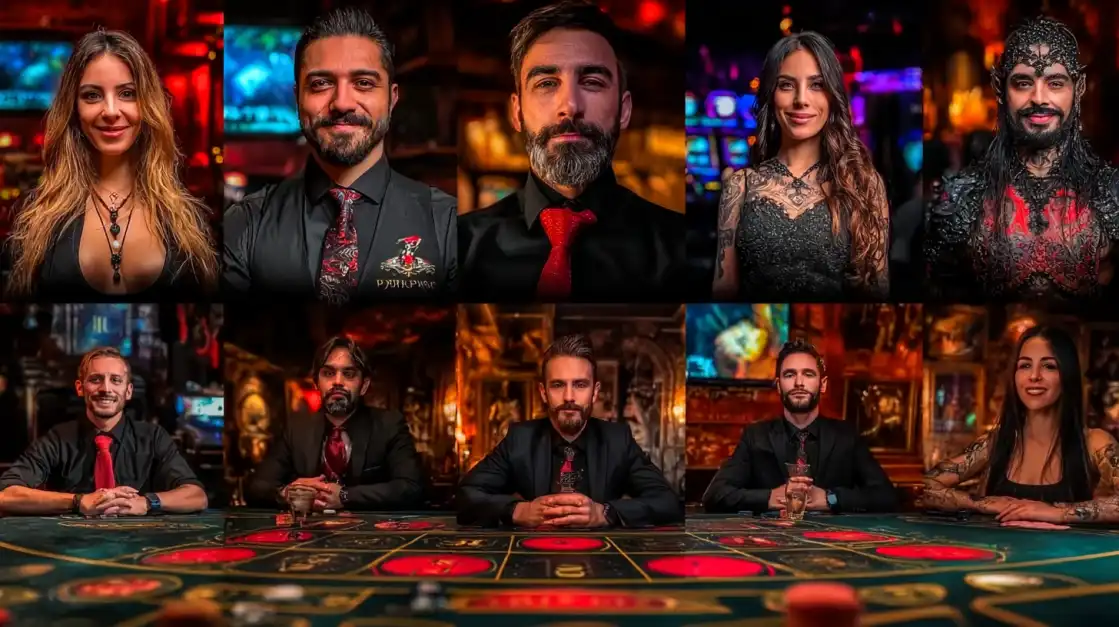 A collage of the casino's professional poker team, with headshots above and the full team seated at a poker table below.