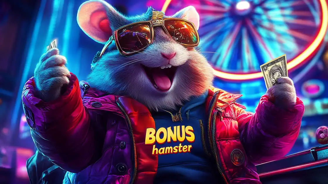A cool hamster mascot in sunglasses and a jacket celebrates a big casino win, holding cash in a neon-lit environment, representing a fun casino bonus.