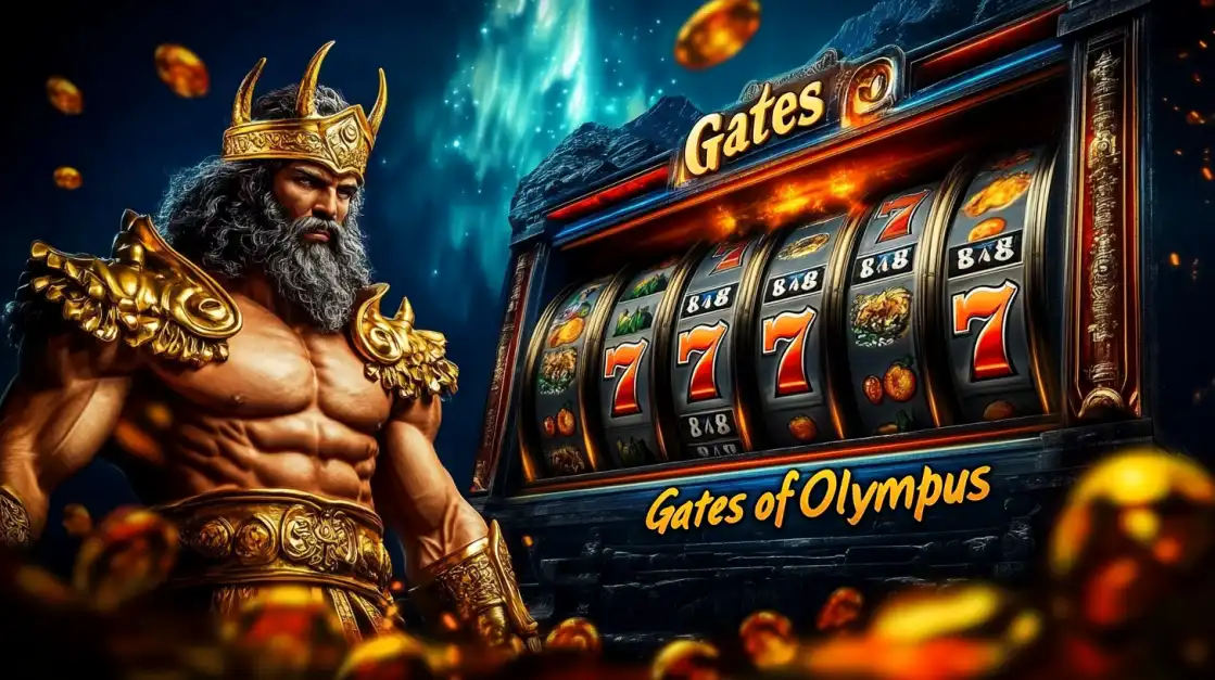 Promotional image for the 'Gates of Olympus' slot game, featuring the mighty god Zeus next to the slot machine with lucky 7s on the reels.
