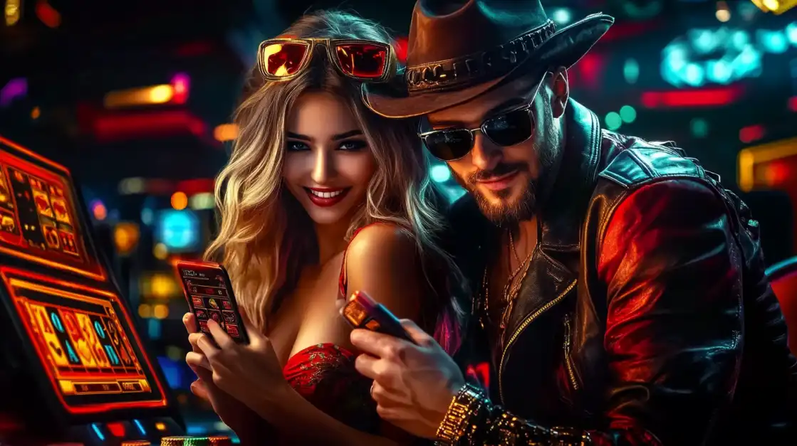 A stylish couple smiling and looking at their smartphones while surrounded by slot machines in a glamorous, neon-lit casino.
