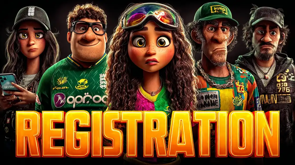 A diverse group of animated characters stand above the word 'REGISTRATION' in bold orange letters, inviting new players to sign up for an online casino account.