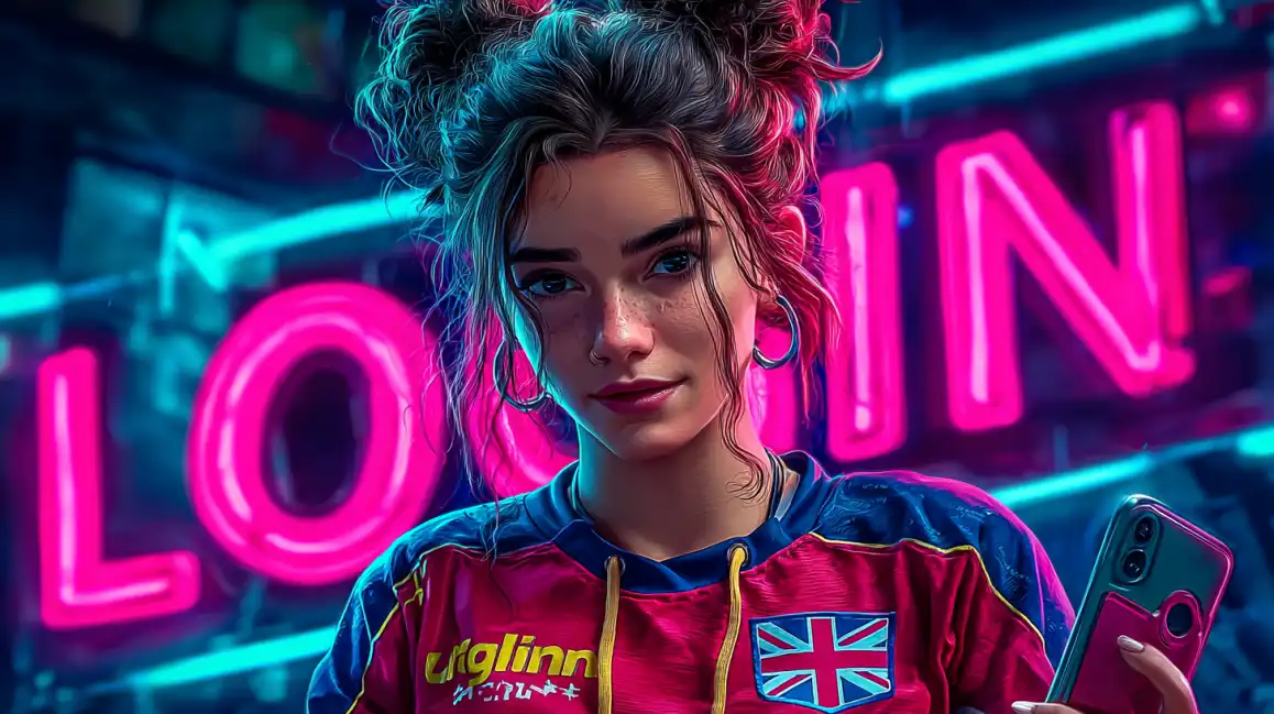 A stylish young woman holding a smartphone in front of a bright pink neon 'LOGIN' sign, representing the user login page for an online casino.