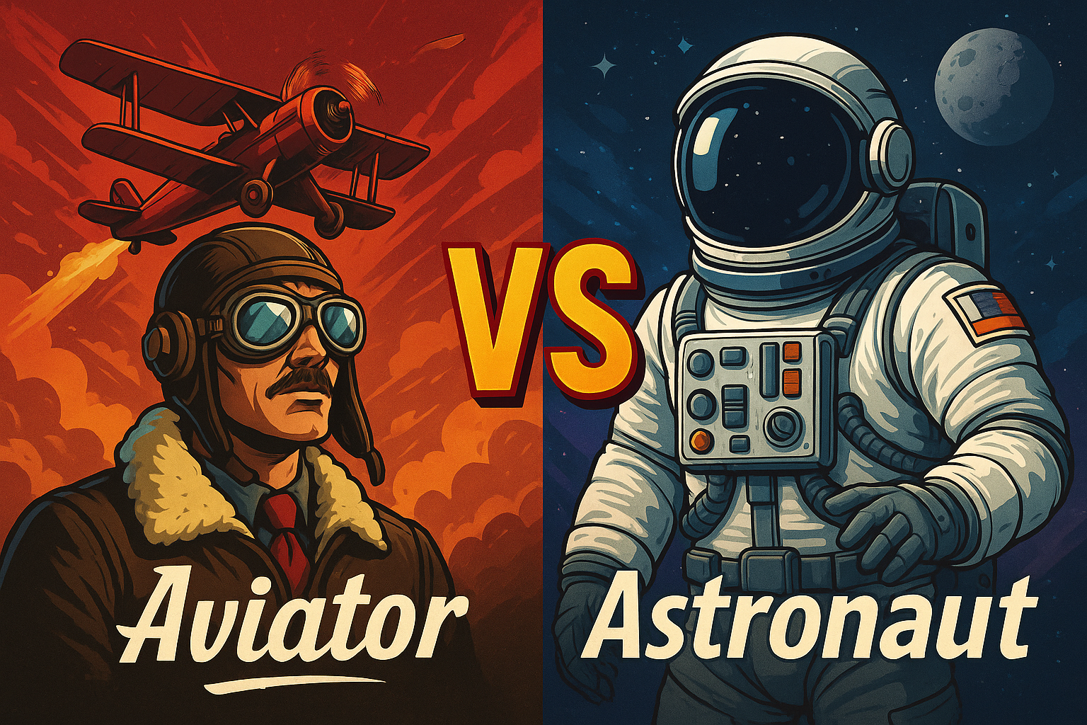 A promotional image featuring a showdown between a vintage Aviator and a modern Astronaut, representing two popular casino games.