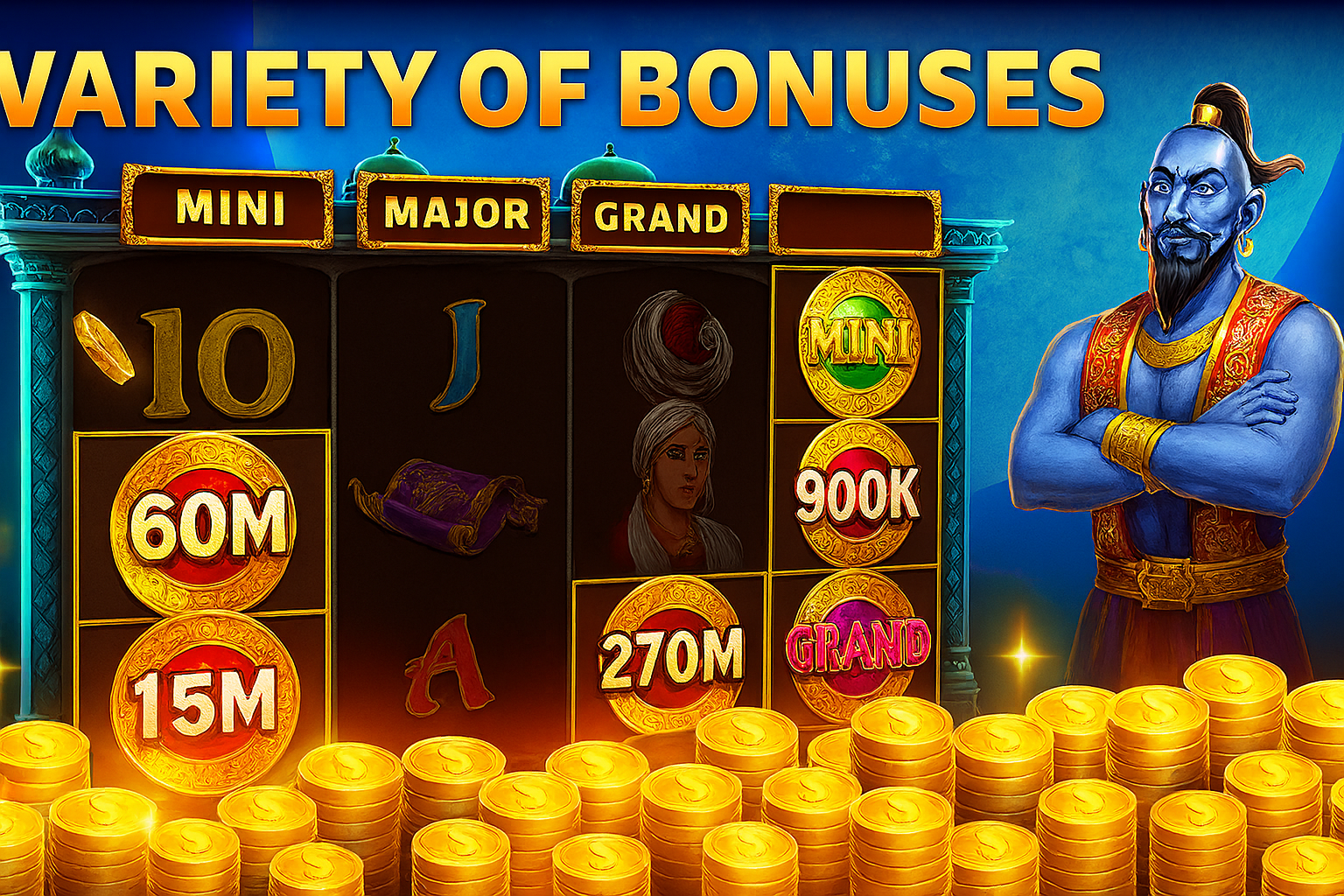 A slot machine with a genie character showcasing a variety of bonuses, including Mini, Major, and Grand jackpots, with piles of gold coins below.