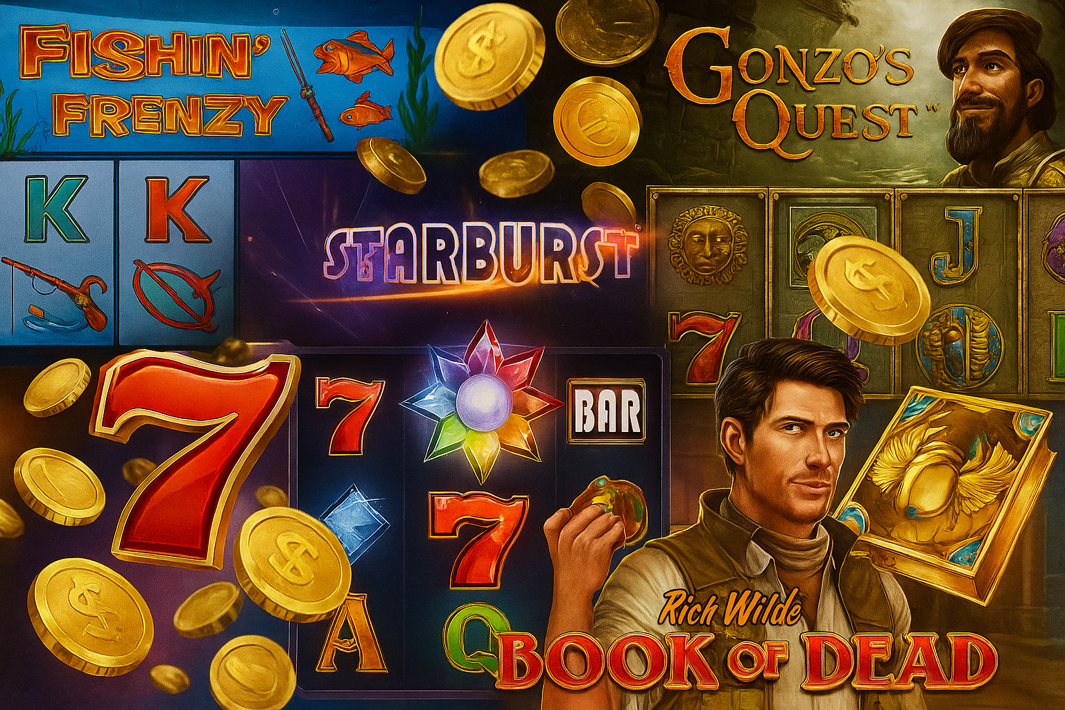 A collage of popular online slot games including Gonzo's Quest, Starburst, Book of Dead, and Fishin' Frenzy, surrounded by shining gold coins.
